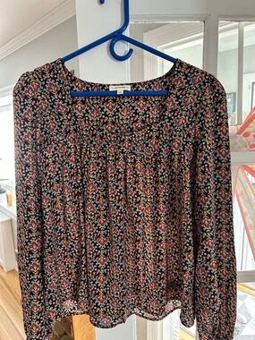eesome Navy Floral-Print Peasant Top with Orange & Green Accents size large